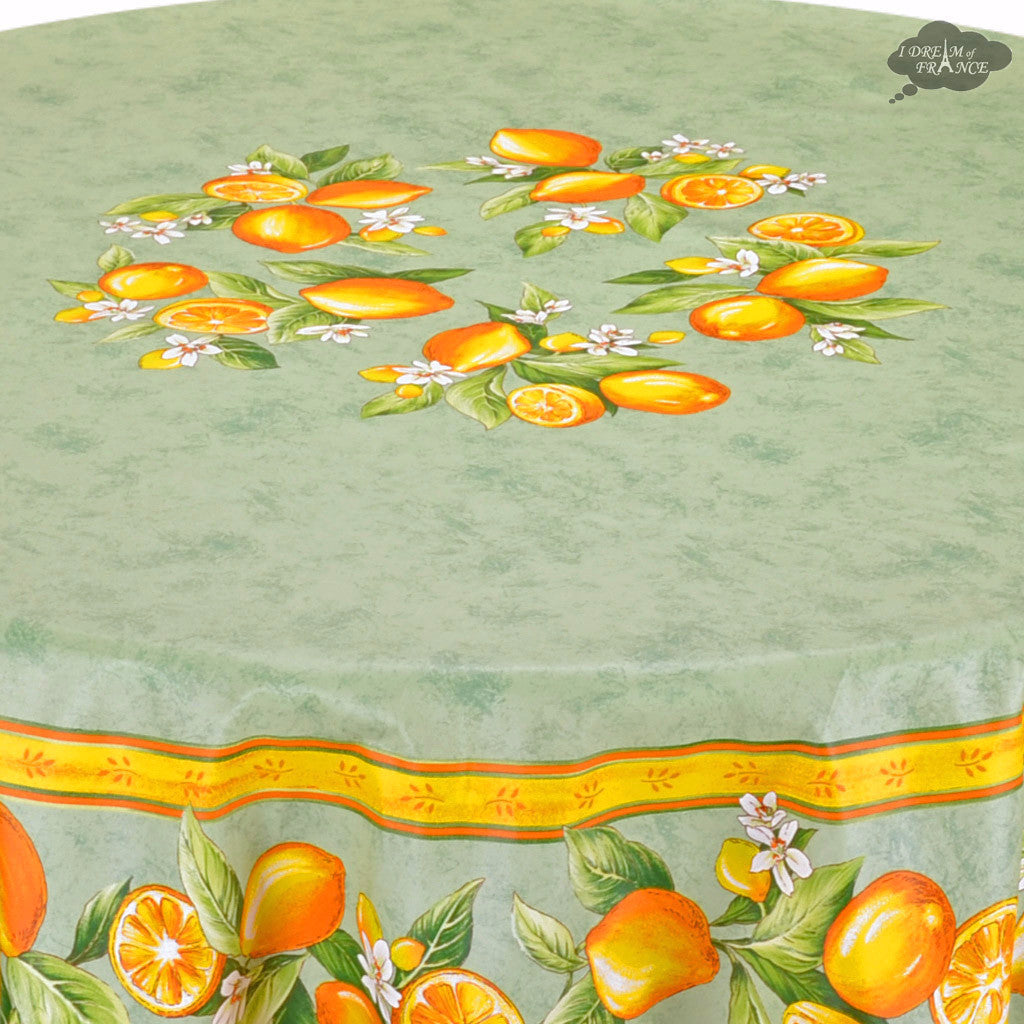 French Provencal tablecloth - Cotton, natural or acrylic-coated - 70" round - Lemon green | Tissus Toselli