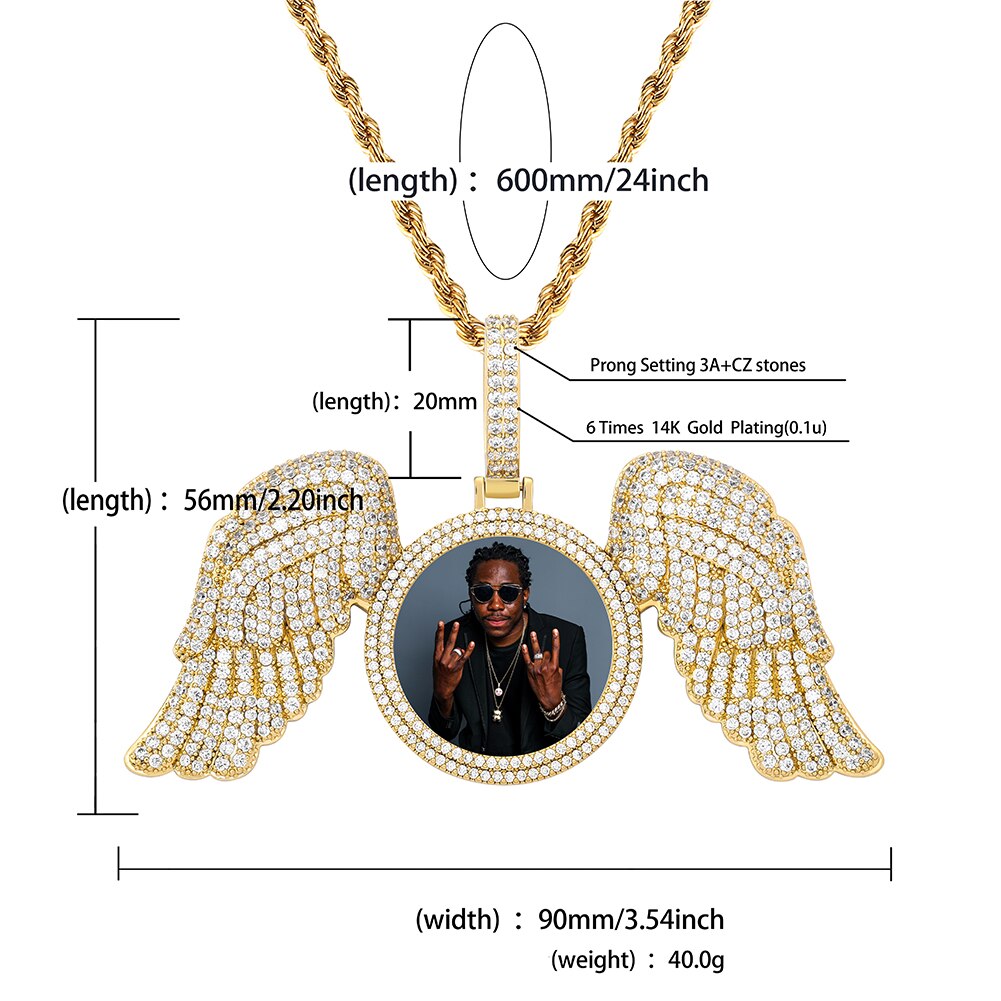Angel Wings Custom Photo Medallion Necklace Iced Out Cubic Zirconia Pendant Hip Hop Jewelry
