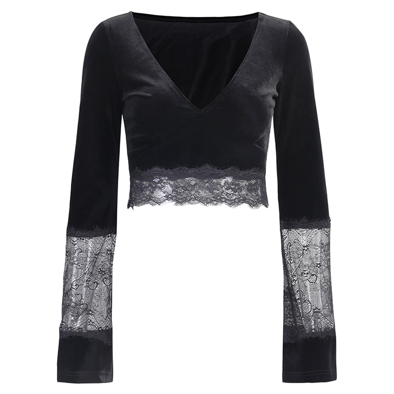 Ins Goth Sexy Women Gothic Crop Top Flare Long Sleeve Lace Hollow Out Black V-neck T-shirt