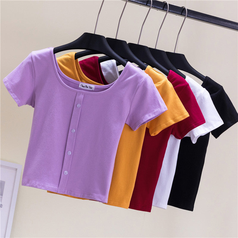 Collarbone Square Neck High Waist Navel T-Shirt Top