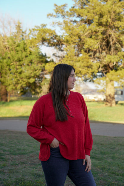 Dark Red - Plus Size - Melange Oversized 7 Button Top