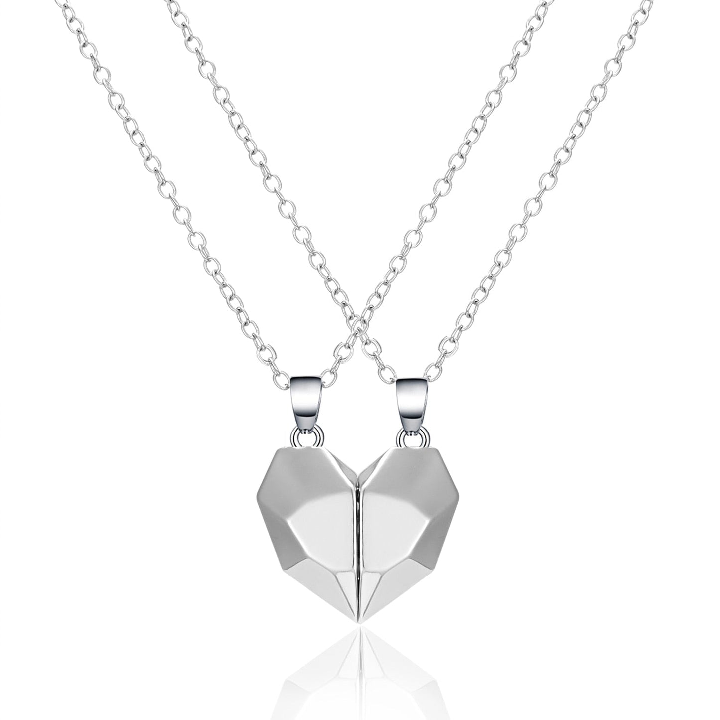 2Pcs Punk Heart Pendant Couple Necklace Lover Distance Faceted Magnetic Necklace