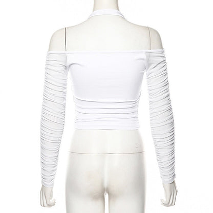 Mesh Shirt Women Tshirt Top Autumn Halter V-neck Off the Shoulder T-shirts Streetwear Top