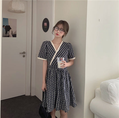 Women Summer V Neck Jacquard Floral Long Dress High Waist Short Sleeve Exquisite Midi Dresses