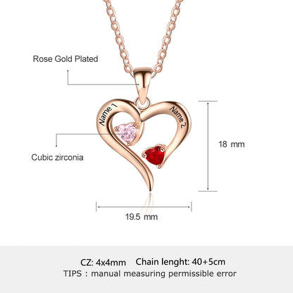 925 Sterling Silver Heart Necklace with 2 Birthstones Custom Engrave Name Pendant