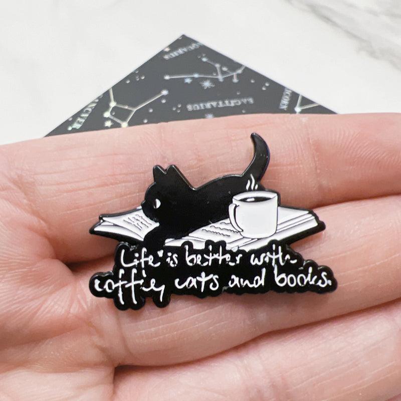 Life Is Better with Coffee Books Cats Pin for Jackets and Bags
