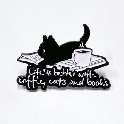 Life Is Better with Coffee Books Cats Pin for Jackets and Bags