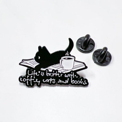 Life Is Better with Coffee Books Cats Pin for Jackets and Bags