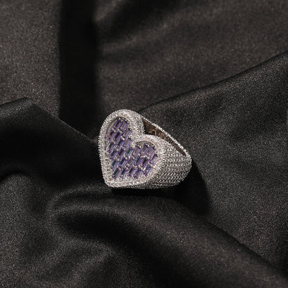 Hip-hop T-square heart-shaped zircon ring