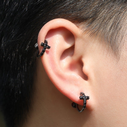 Hip Hop Zircon Black Spiral Clasp Cross Earrings