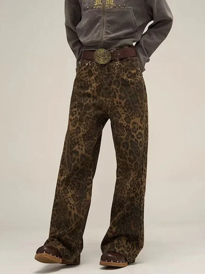 Leopard Print Y2k Jeans Women Oversized Wide Leg Denim Trousers Streetwear