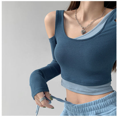 Patchwork Women's T-shirt Fake Two-piece Slim Long Sleeve Y2K Crop Tops Woman