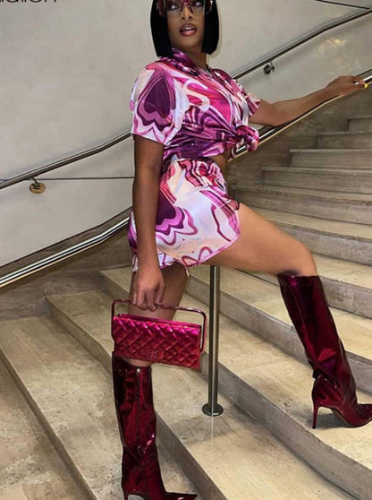 Multi-Color Print Two Piece Set Casual Short Sleeve Pleat Top+ High Waist Elastic Shorts