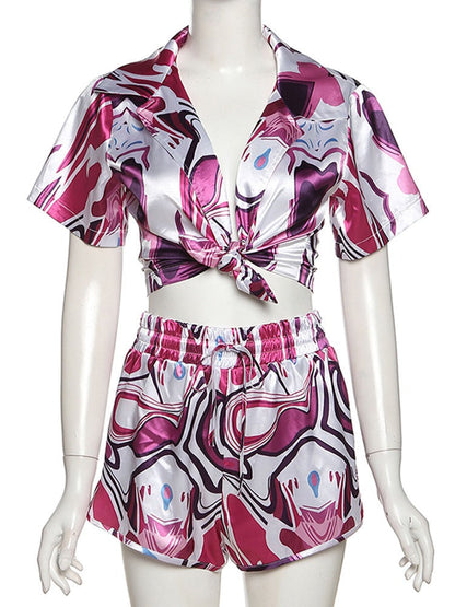 Multi-Color Print Two Piece Set Casual Short Sleeve Pleat Top+ High Waist Elastic Shorts