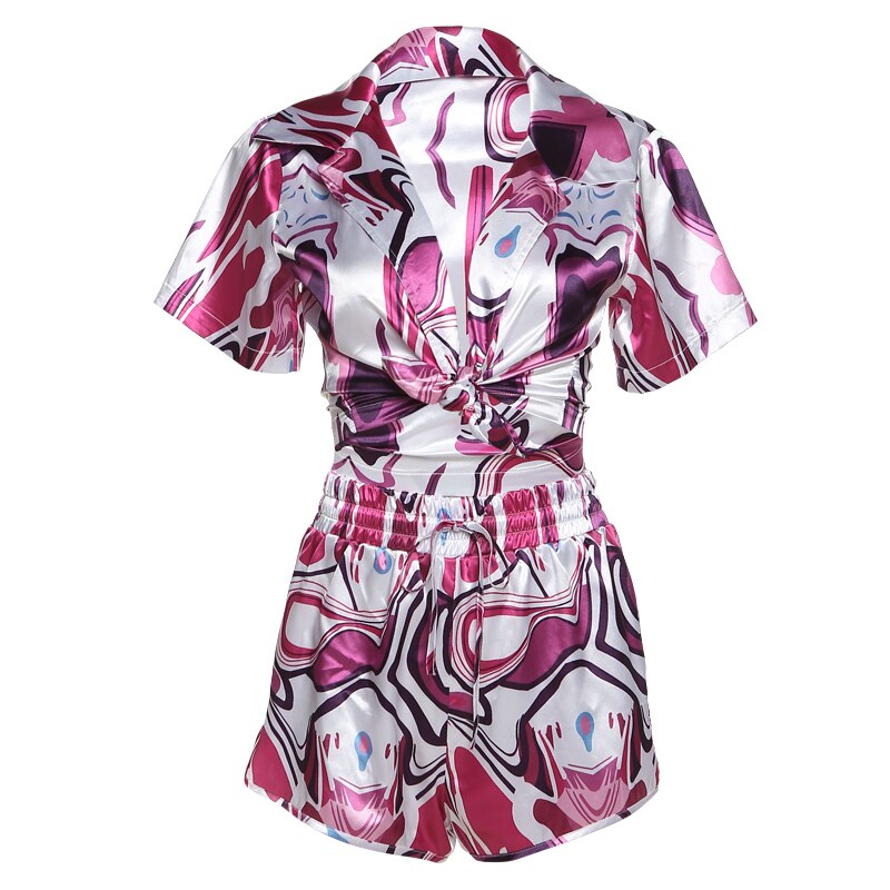 Multi-Color Print Two Piece Set Casual Short Sleeve Pleat Top+ High Waist Elastic Shorts