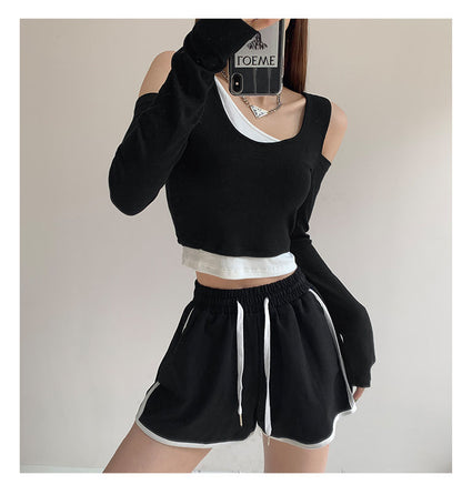 Patchwork Women's T-shirt Fake Two-piece Slim Long Sleeve Y2K Crop Tops Woman