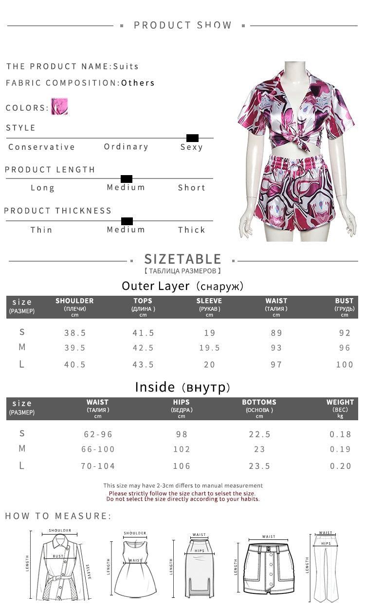 Multi-Color Print Two Piece Set Casual Short Sleeve Pleat Top+ High Waist Elastic Shorts