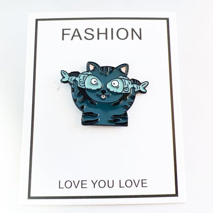Cat with Fish Enamel Pin – Silly Cat Expression for Fun Outfits