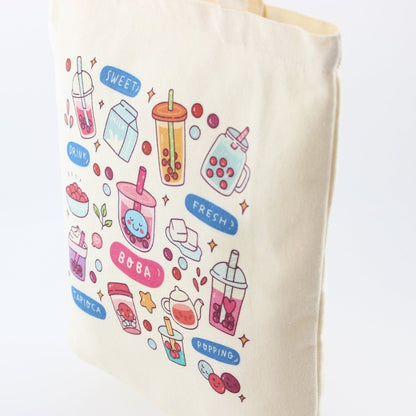Cream Boba Tote – Canvas Bag with Enamel Pin & Keychain Gift