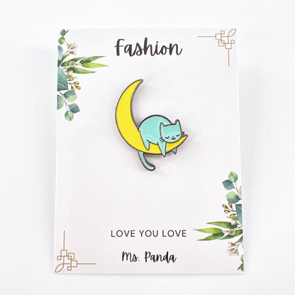 Sleepy Cat on Moon Enamel Pin – Cute Gift for Cat Lovers
