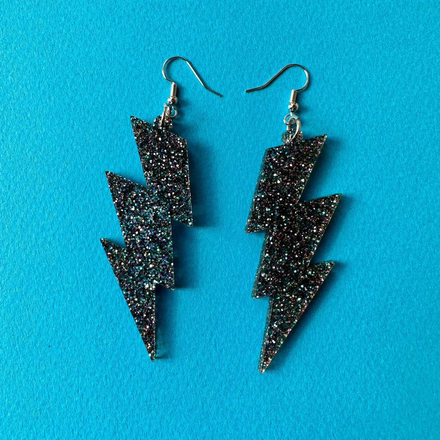 Thunderbolt Earrings - Black Glitter