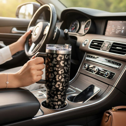 Engraved Leopard Print 40 oz Tumbler with Handle and Straw Lid