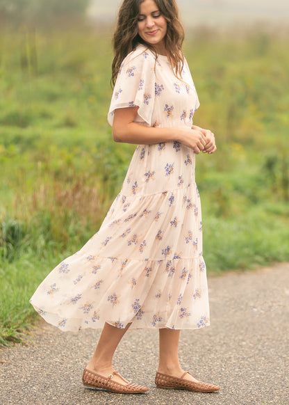 Gina Pink Floral Short Sleeve Tiered Midi Dress