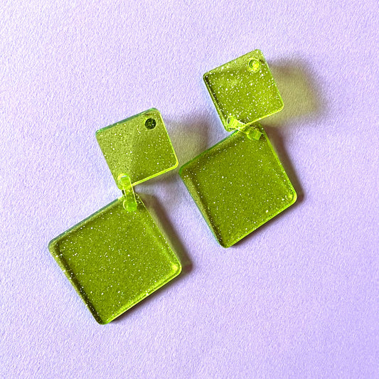 Diamond Drop Earrings - Green Glitter
