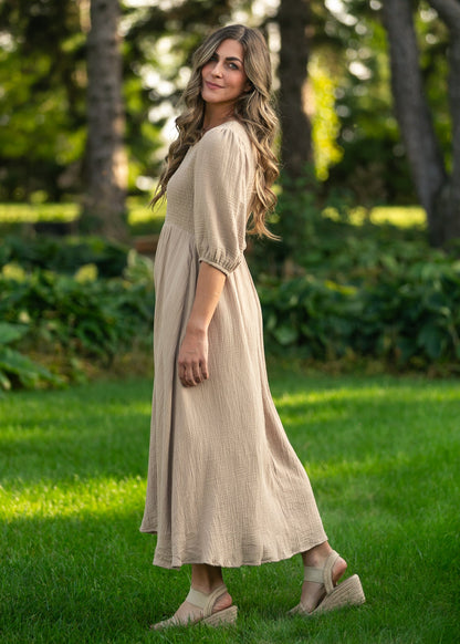 Kayleen Tan Smocked Bodice Gauze Dress