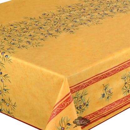 60" Square Clos des Oliviers Yellow Double Border Acrylic-Coated Cotton Tablecloth by Label France