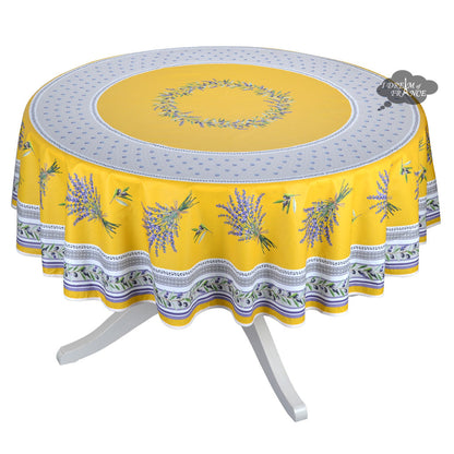 French Provencal tablecloth - Acrylic coated cotton, Spill-proof - 70" round - Lauris yellow | Tissus Toselli