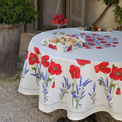 French Provencal tablecloth - Acrylic coated cotton, Spill-proof - 70" round - Poppies ivory | Tissus Toselli