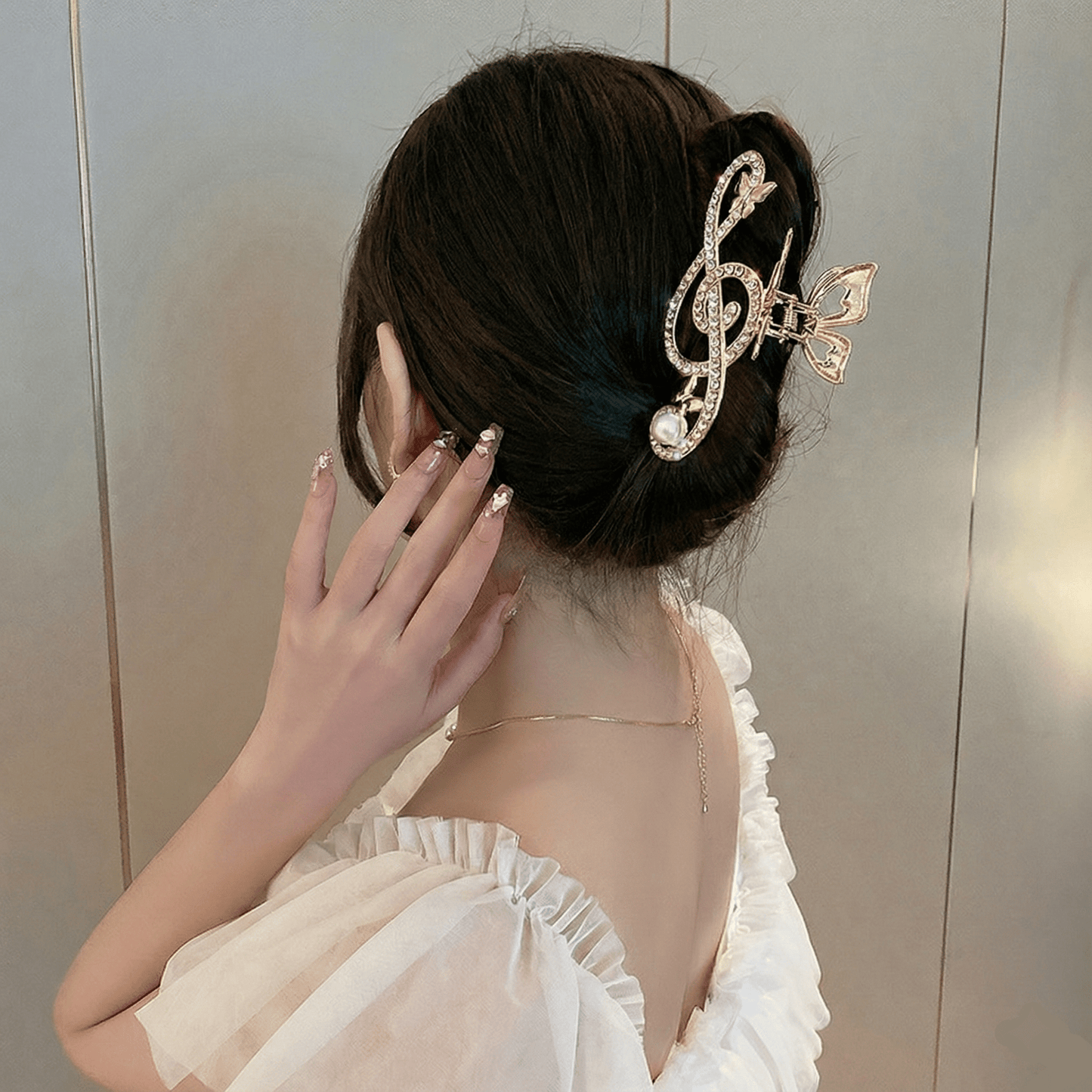 Gold-Tone Treble Clef Hair Clip Rhinestone Music Barrette