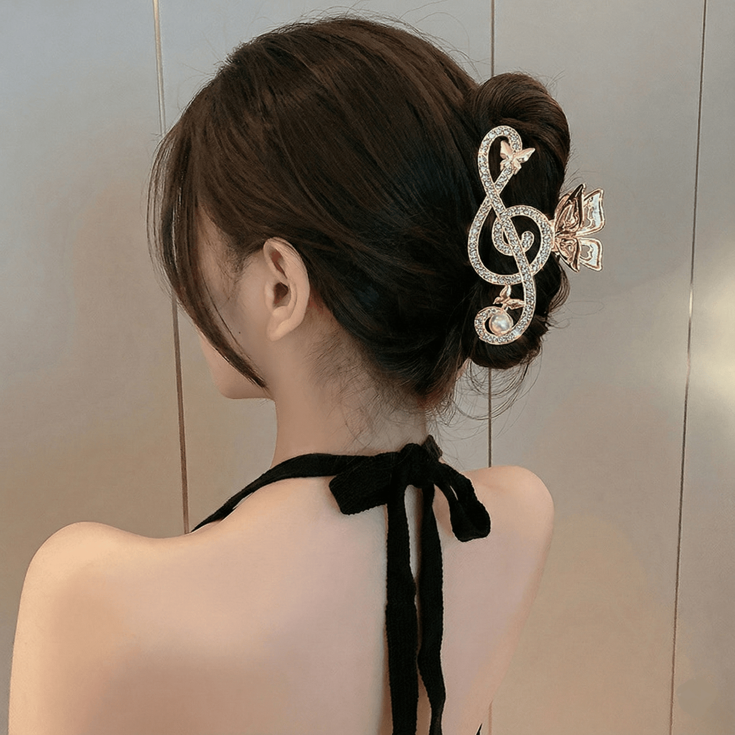 Gold-Tone Treble Clef Hair Clip Rhinestone Music Barrette